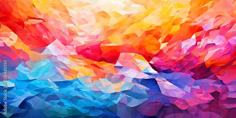 A colorful abstract painting with a blue ocean and mountains in the background A colorful abstract painting with a blue ocean and mountains in the background