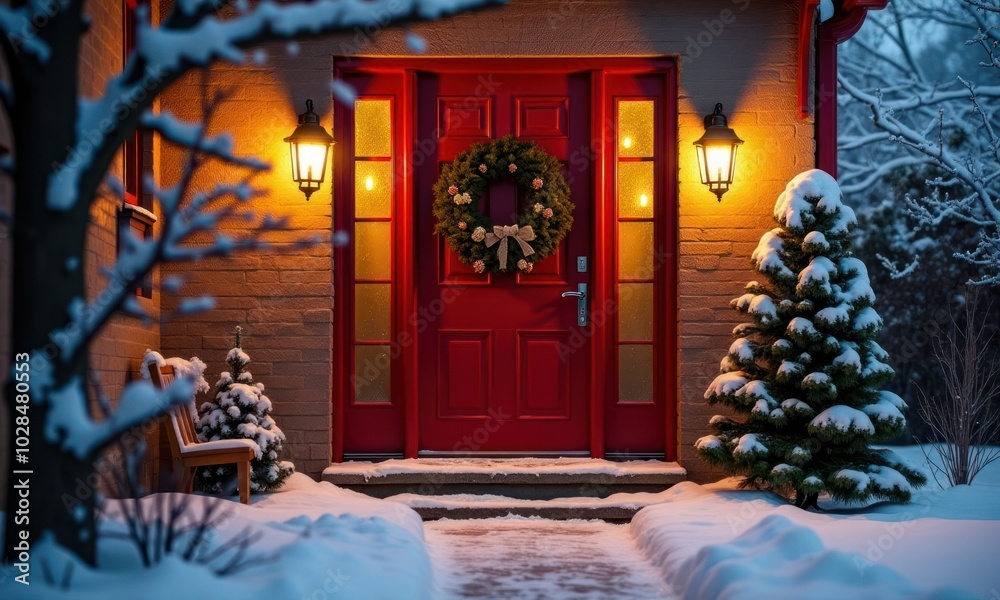 Christmas wreath with balls, cones and garland on the front door of the house with glowing lanterns in evening Christmas wreath with balls, cones and garland on the front door of the house with glowing lanterns in evening