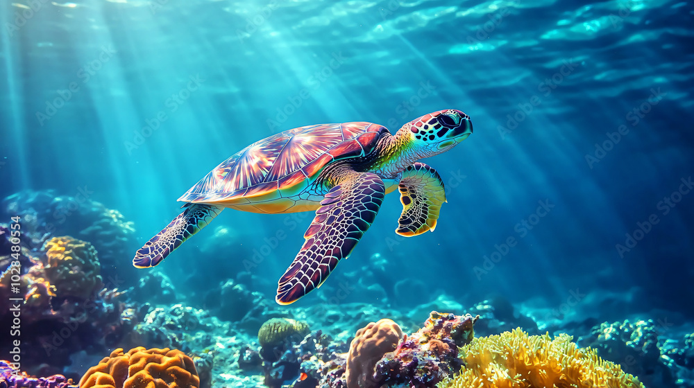 Fototapeta premium A beautiful green turtle swimming among coral reefs