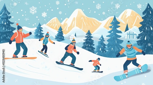 Adults and children skiing, sliding down the mountain. Illustration of winter scene with snowy mountain peaks, fir trees, falling snow. Families having a great time on Christmas, New Year holidays