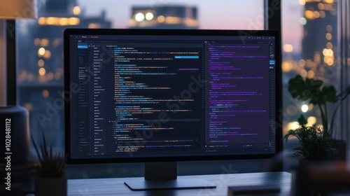 A Computer Screen with Code and a Blurred Cityscape at Night