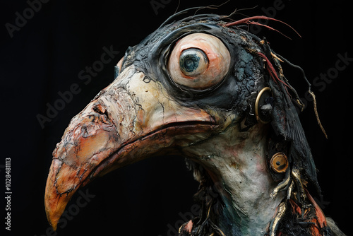 creature of ai // exotic bird with wooden head and long beak, made of clay, gothic art, black background , photorealistic photo