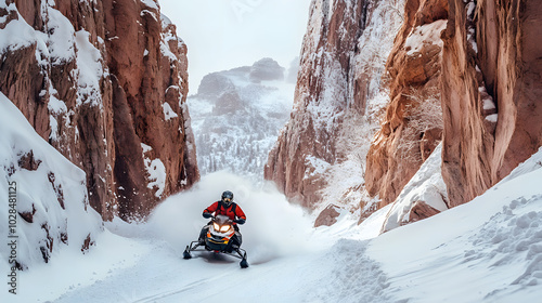 A snowmobile carving sharp turns through a snow-filled canyon with towering cliffs on either side. photo