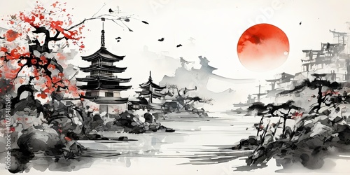 A painting of a Japanese landscape with a red sun in the sky