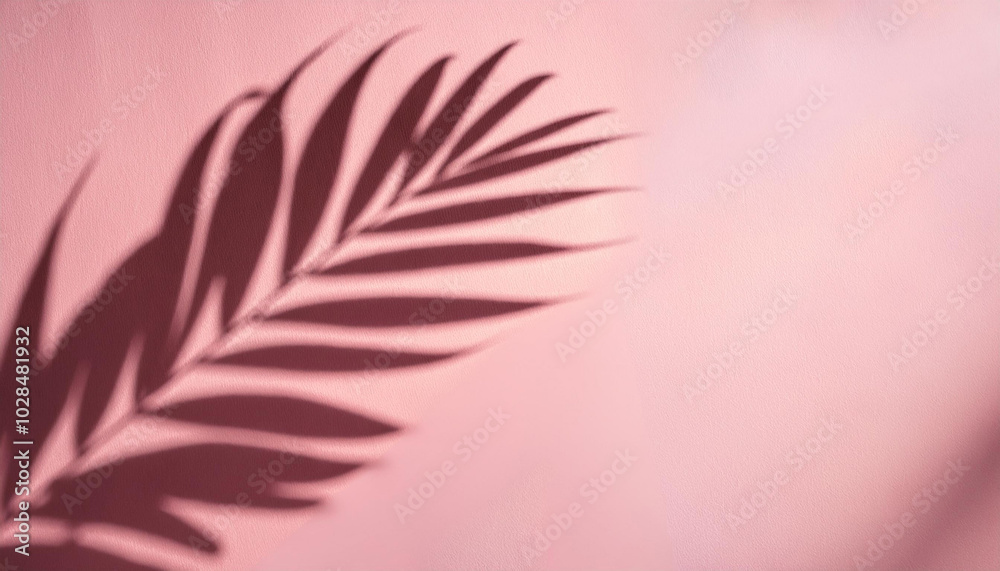 Obraz premium Wall pink leaf plant shadow background. beach summer minimal concept. Flat lay pastel color palm tropical nature .