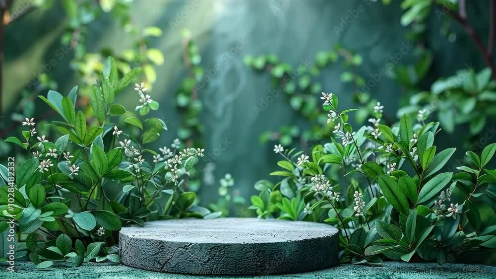 An empty stone podium surrounded by lush greenery and blooming flowers, set in a tranquil outdoor garden. An empty stone podium surrounded by lush greenery and blooming flowers, set in a tranquil outdoor garden.