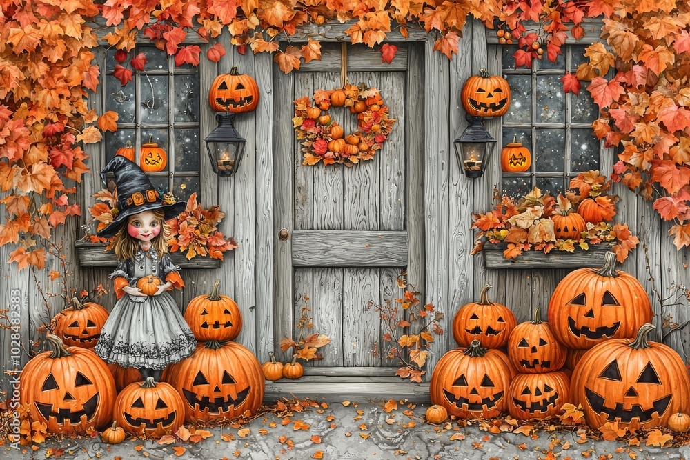 Obraz premium A whimsical young girl in a witch costume stands by a rustic door adorned with autumn leaves and pumpkins.