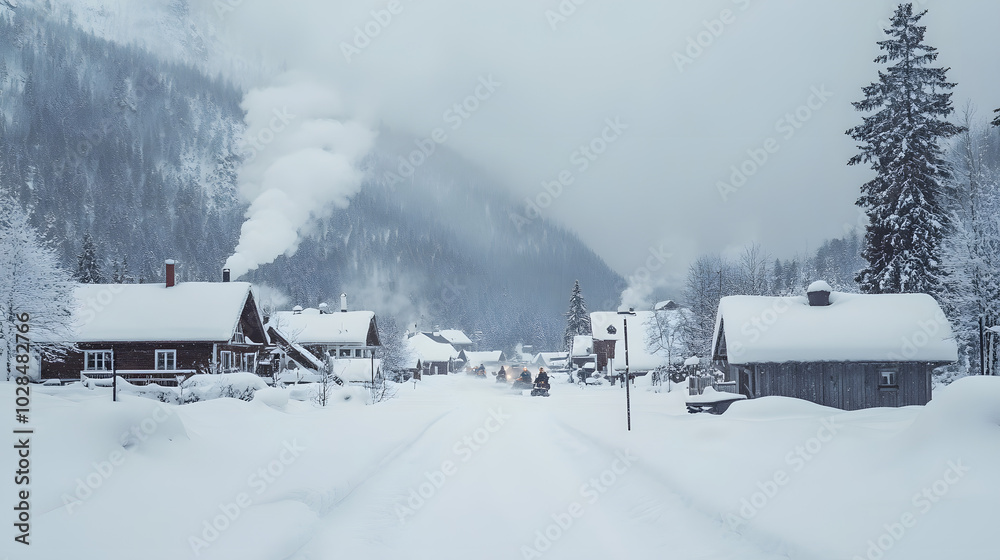 A snowmobile convoy passing through a quiet mountain village covered in deep snow with smoke rising from chimneys. A snowmobile convoy passing through a quiet mountain village covered in deep snow with smoke rising from chimneys.