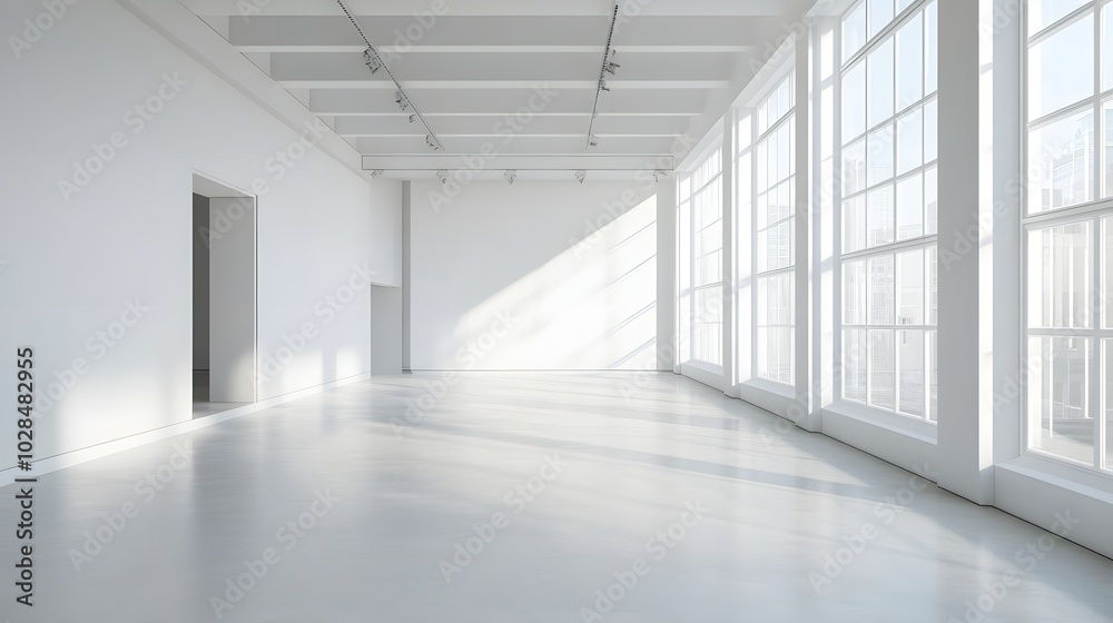 15. An empty art gallery with white walls and natural light streaming in