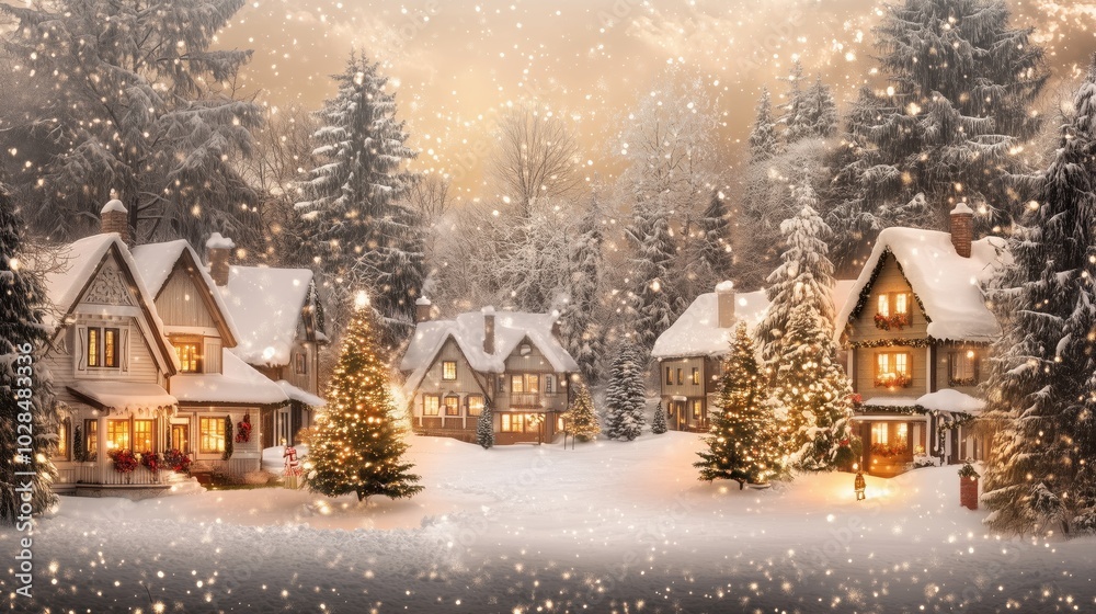Winter evening scene of a small village with decorated cozy cottages with warm soft light in the windows, a street with Christmas festive atmosphere. The houses stand surrounded by snowy firs. Winter evening scene of a small village with decorated cozy cottages with warm soft light in the windows, a street with Christmas festive atmosphere. The houses stand surrounded by snowy firs.