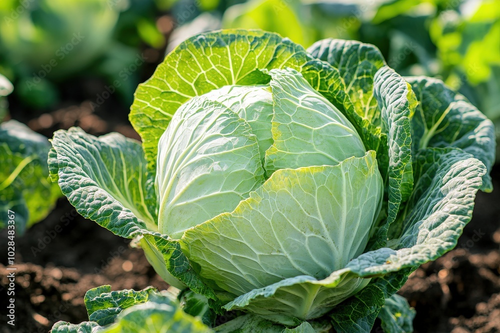 Cabbage Growing. Close-up of Fresh Organic Green Cabbage in Farmer's Field Cabbage Growing. Close-up of Fresh Organic Green Cabbage in Farmer's Field