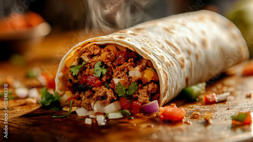 A burrito with meat, onions, and peppers on a wooden table