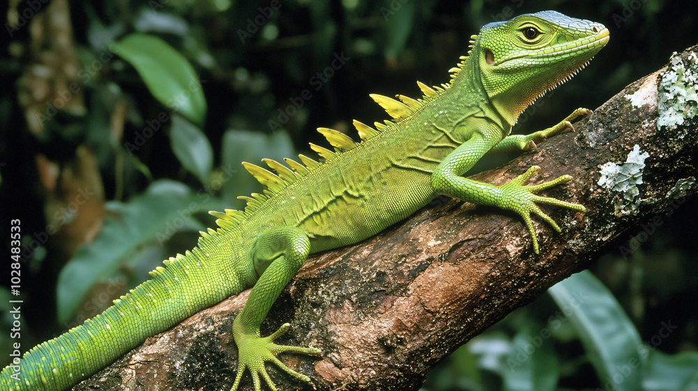 Fototapeta premium A beautiful green basilisk lizard perched on a tree branch