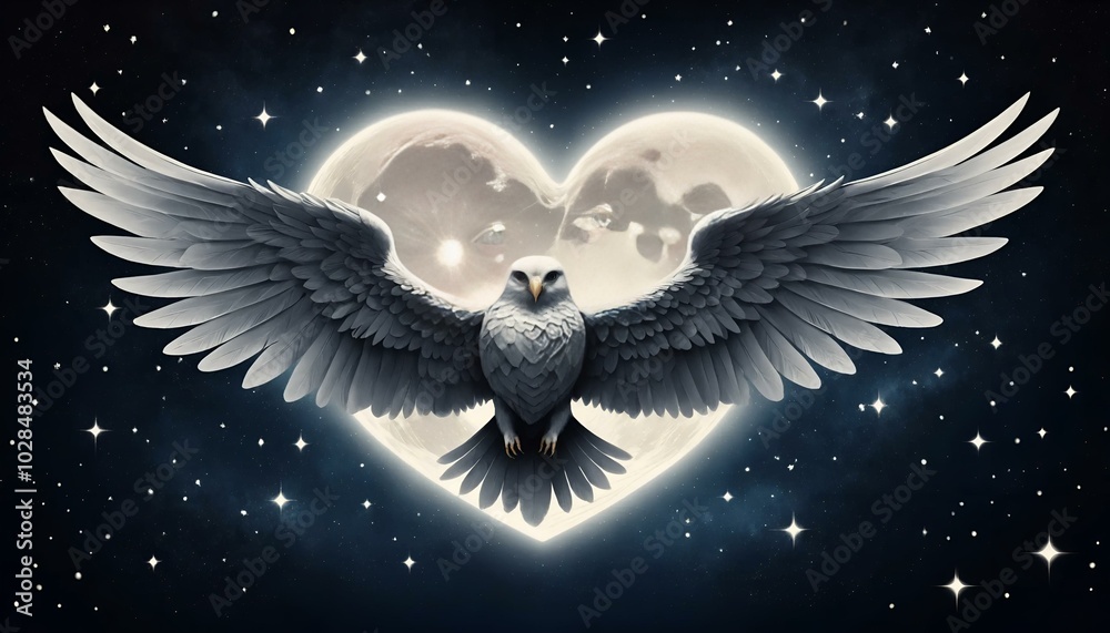 Obraz premium Majestic owl with outstretched wings flying through a heart-shaped moonlit sky, mystical scene