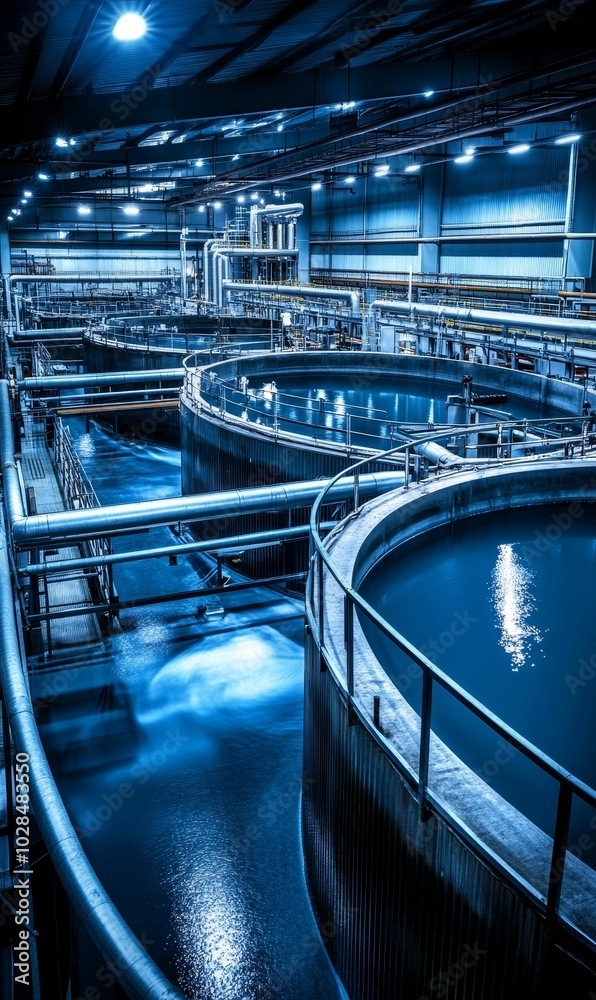 Obraz premium Water treatment facility with blue pools.