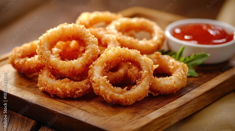 Calamari Appetizer. Crispy Fried Squid Rings on Wooden Serving Tray Calamari Appetizer. Crispy Fried Squid Rings on Wooden Serving Tray