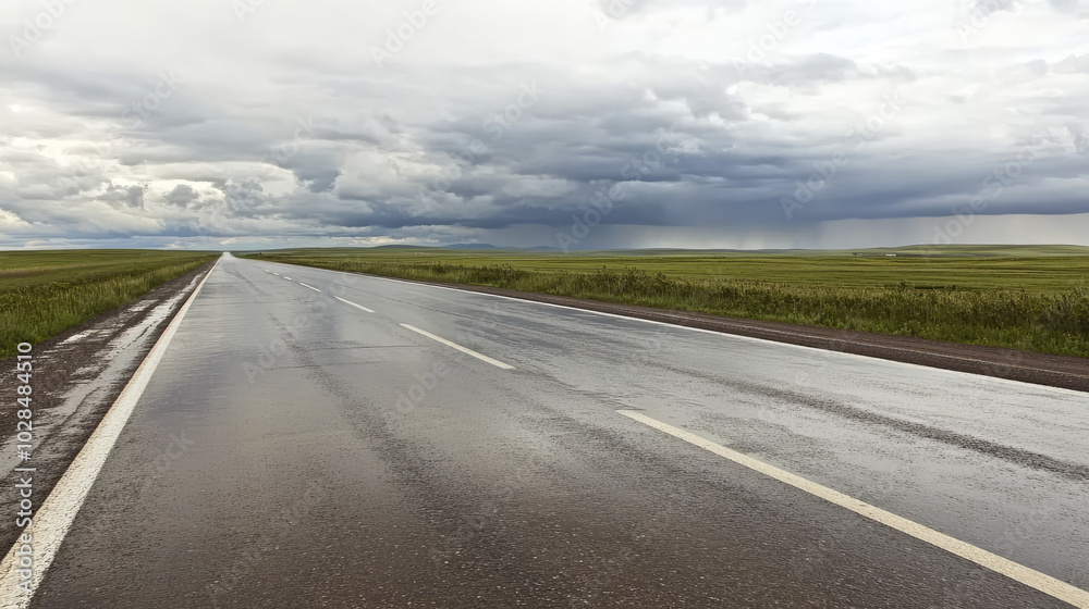 Wet Green Fields and Rain-Kissed Road Under Dark Clouds Wet Green Fields and Rain-Kissed Road Under Dark Clouds