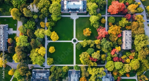 Campus Aerial - Overhead View of College Buildings and Greenery with Drone photo