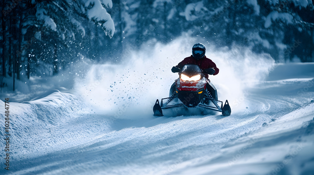 A snowmobile making a high-speed turn around a bend on a snowy trail with snow flying off the tires. A snowmobile making a high-speed turn around a bend on a snowy trail with snow flying off the tires.