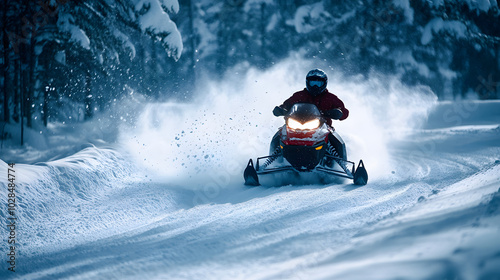 A snowmobile making a high-speed turn around a bend on a snowy trail with snow flying off the tires.