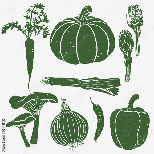 Different vegetables linocut vector illustration with grunge texture. Monochrome linear woodcut illustration. Harvest, autumn isolated graphic elements. Vector set