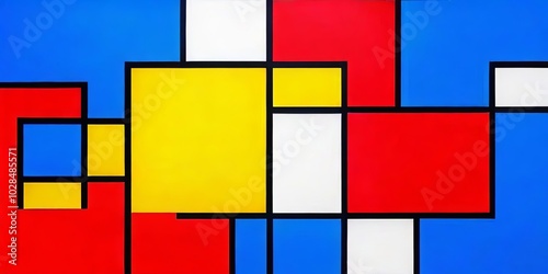 A painting of squares of different colors, including red, yellow, and blue photo