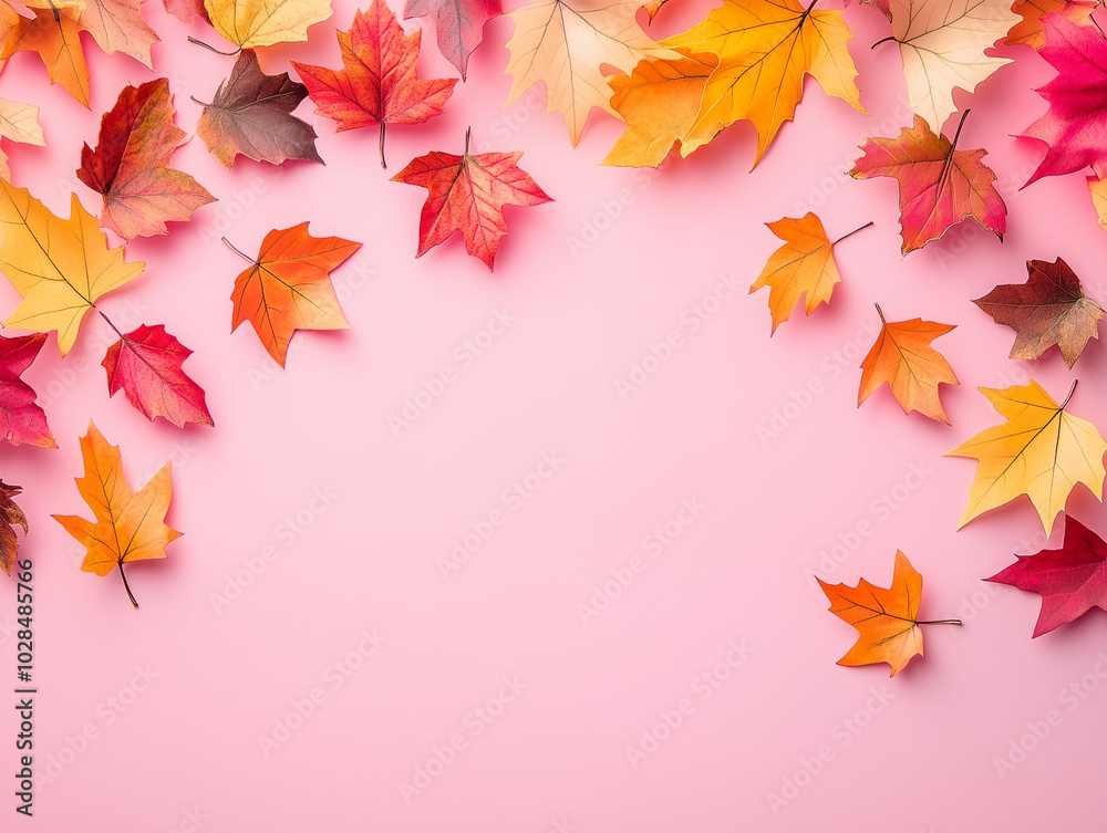 Paper Leaves in Fall Colors on Pink Background. autumn leaves background Paper Leaves in Fall Colors on Pink Background. autumn leaves background