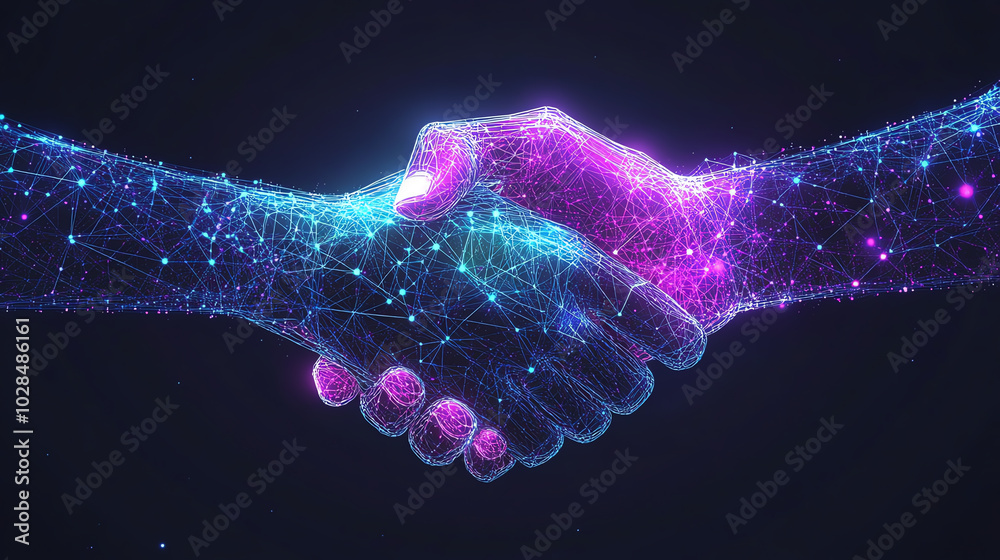 Two cybernetic hands shaking in a vibrant network of glowing particles and connections, digital trust and collaboration, high-tech business concept Two cybernetic hands shaking in a vibrant network of glowing particles and connections, digital trust and collaboration, high-tech business concept