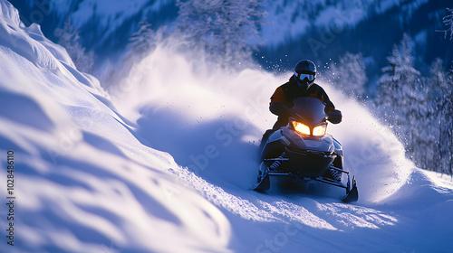 A snowmobile performing a high-speed swerve to avoid a snowdrift on a narrow mountain trail with snow flying into the air. photo