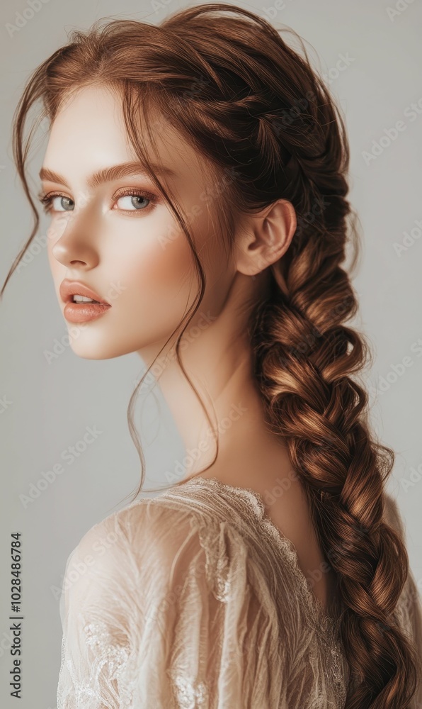 Woman with long braided hair wearing lace dress. Woman with long braided hair wearing lace dress.