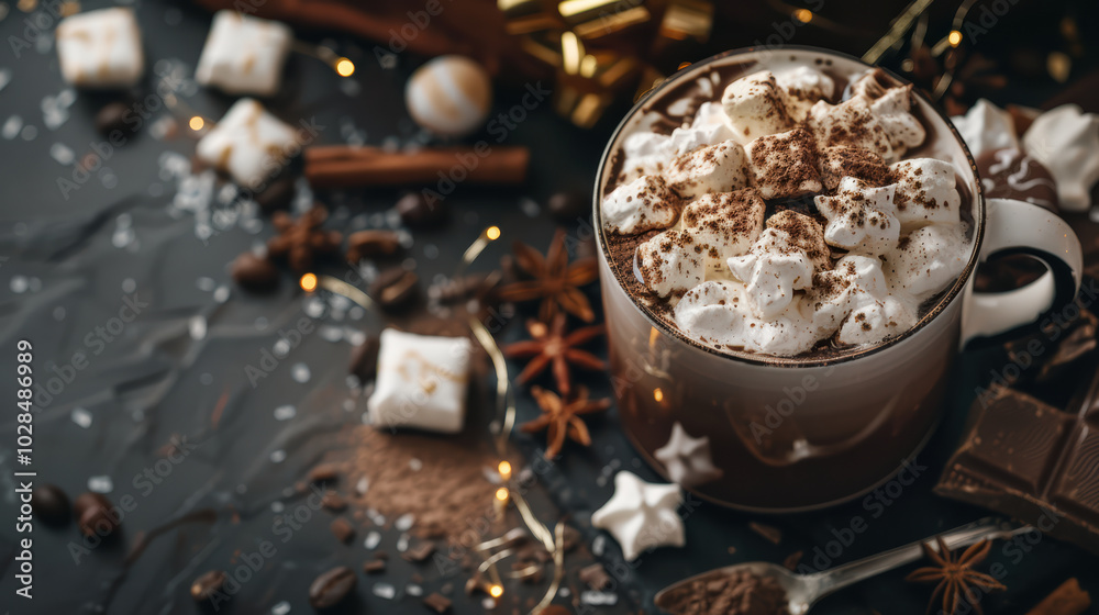 Warm and inviting hot chocolate topped with fluffy marshmallows and cocoa powder, surrounded by festive decorations and spices, creating cozy atmosphere perfect for winter Warm and inviting hot chocolate topped with fluffy marshmallows and cocoa powder, surrounded by festive decorations and spices, creating cozy atmosphere perfect for winter