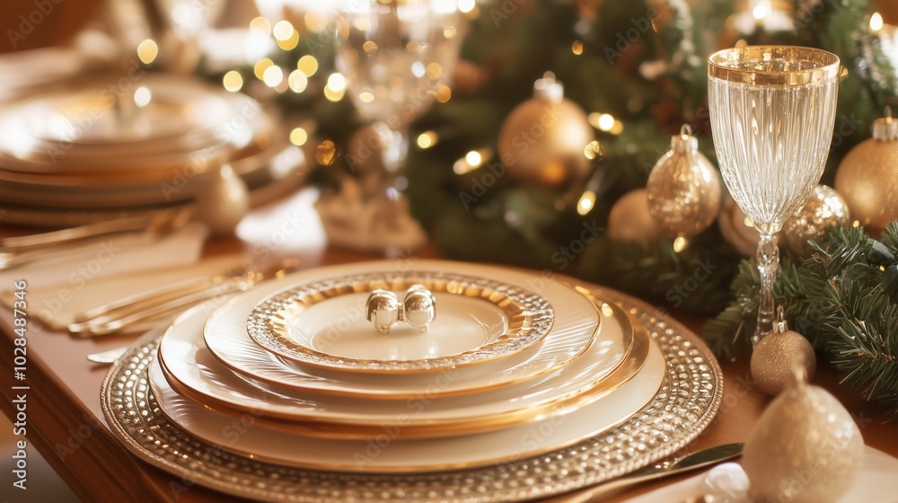 Beautifully decorated table with elegant holiday dinnerware. Christmas luxurious white gold tableware, festive background, decorated Christmas tree lights. Xmas table setting. Wallpaper, poster Beautifully decorated table with elegant holiday dinnerware. Christmas luxurious white gold tableware, festive background, decorated Christmas tree lights. Xmas table setting. Wallpaper, poster