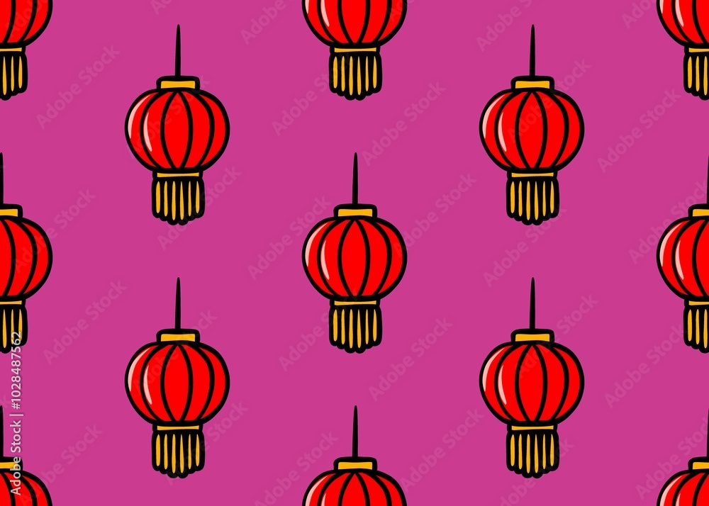 Seamless pattern with red Chinese lantern. Chinese New Year pattern on pink background. Red hanging lantern. Seamless pattern with red Chinese lantern. Chinese New Year pattern on pink background. Red hanging lantern.