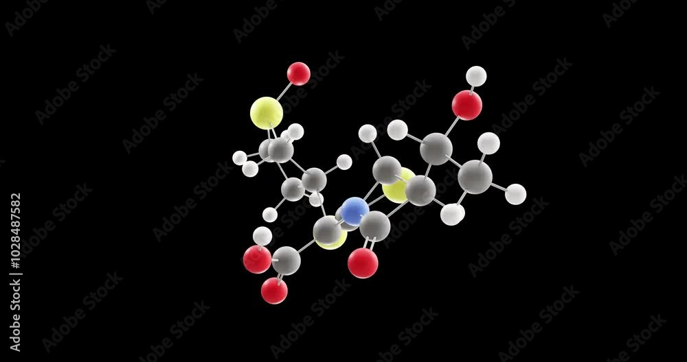 Sulopenem molecule, rotating 3D model of antibiotic, looped video on a black background Sulopenem molecule, rotating 3D model of antibiotic, looped video on a black background