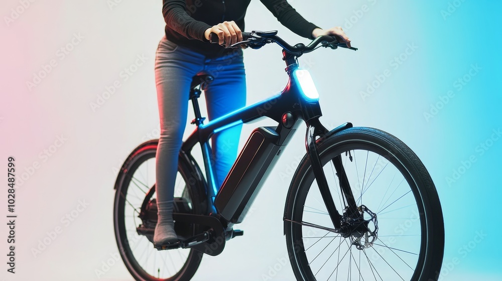 Naklejka premium A stylish cyclist rides an electric bike, showcasing modern design and vibrant colors, perfect for urban commuting.