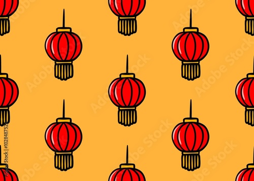 Seamless pattern with red Chinese lantern. Chinese New Year pattern on orange background. Red hanging lantern. 