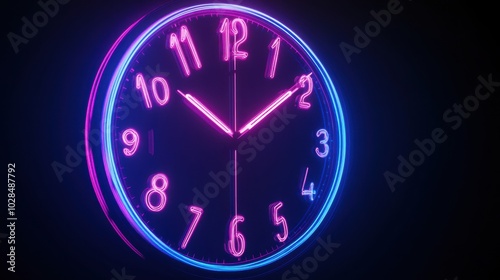 Neon clock with glowing hands and numbers ticking down in real-time, casting vibrant blue and magenta light--great for countdown videos or time-themed projects.