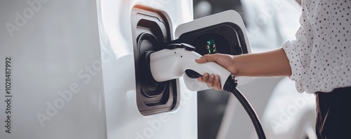 A close-up of a person charging an electric vehicle, showcasing modern technology and eco-friendly transportation practices.