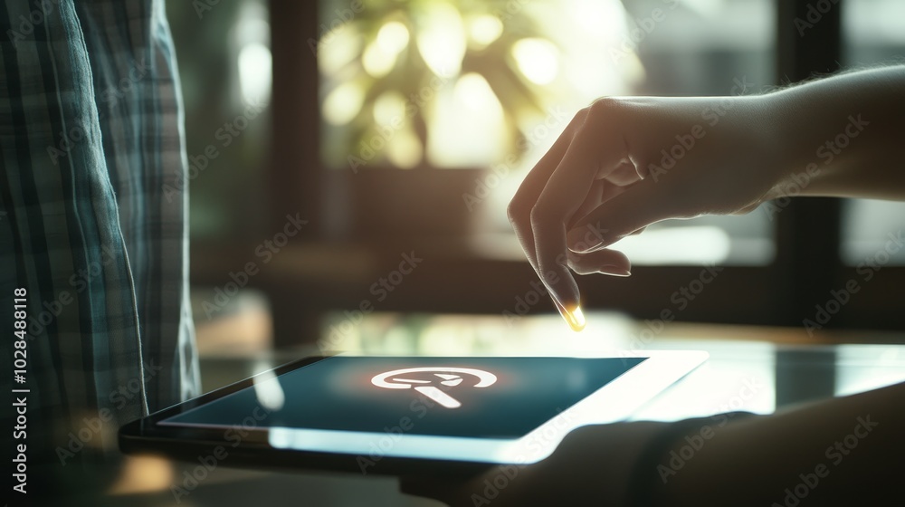 Naklejka premium A close-up of a hand interacting with a digital tablet in a modern environment, highlighting technology and connection.