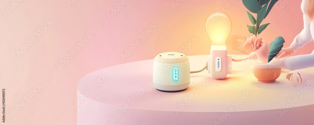 Stylish home decor featuring a modern light bulb, diffuser, and plant on a pastel background for a serene atmosphere. Stylish home decor featuring a modern light bulb, diffuser, and plant on a pastel background for a serene atmosphere.