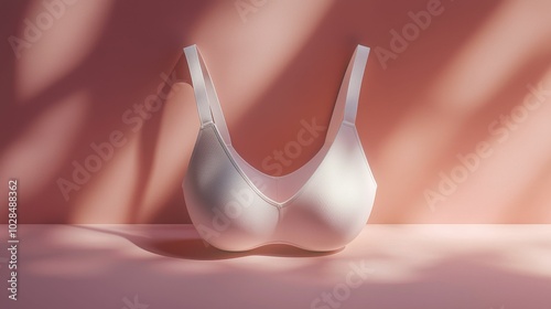 A stylish white bra elegantly displayed against a soft pink background, showcasing its curved design and texture in a modern, minimalistic setting. photo