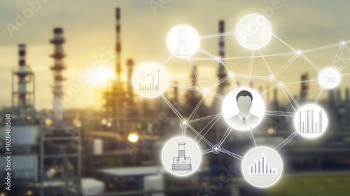 Network connections overlaid on an industrial landscape, symbolizing digital transformation in manufacturing and business analytics.