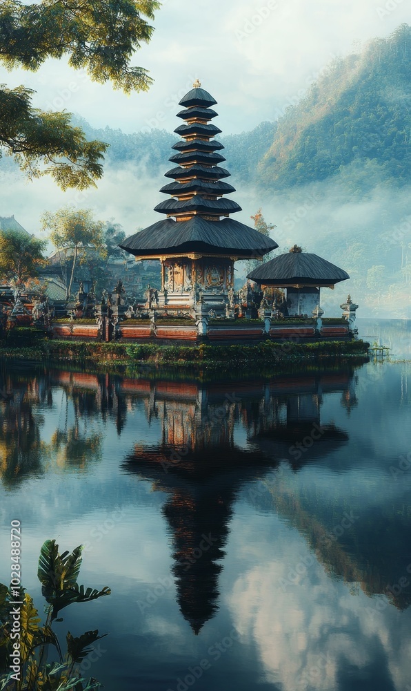 Temple reflection in calm lake water. Temple reflection in calm lake water.