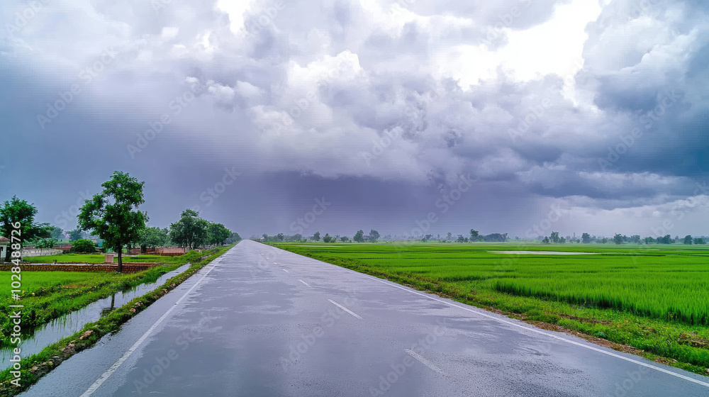 Wet Green Fields and Rain-Kissed Road Under Dark Clouds Wet Green Fields and Rain-Kissed Road Under Dark Clouds
