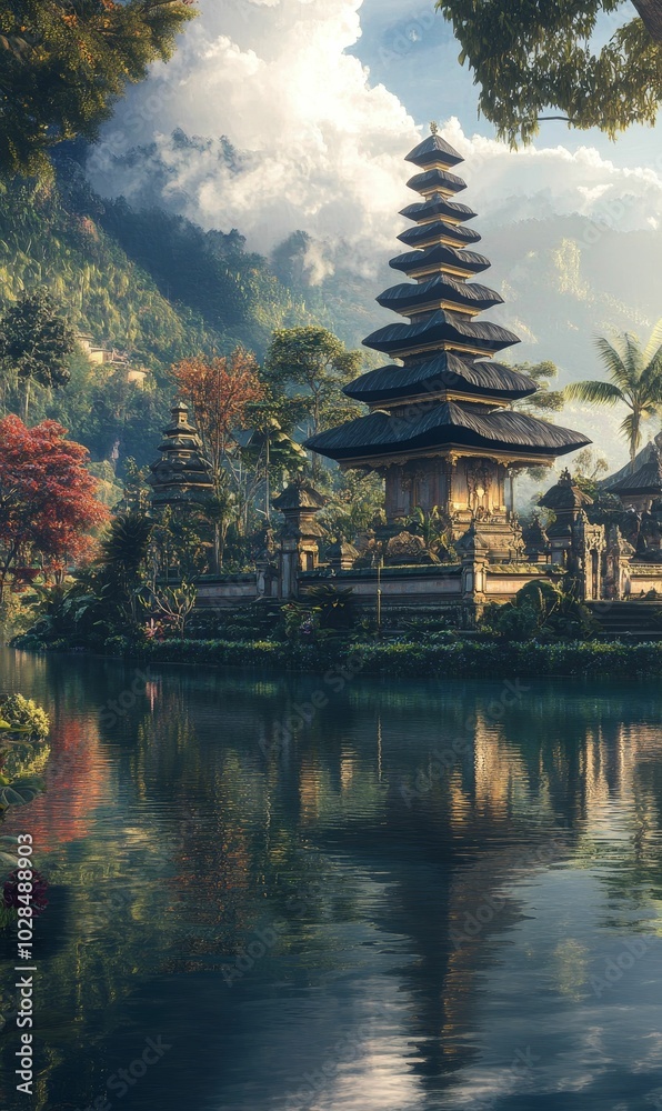 Obraz premium A Balinese temple on a lake surrounded by lush greenery.