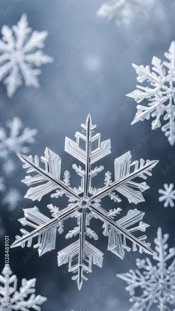 Close-up of detailed snowflakes on a soft blue vertical background. Winter holiday concept with frosty snowflake shapes for seasonal design and decoration Close-up of detailed snowflakes on a soft blue vertical background. Winter holiday concept with frosty snowflake shapes for seasonal design and decoration