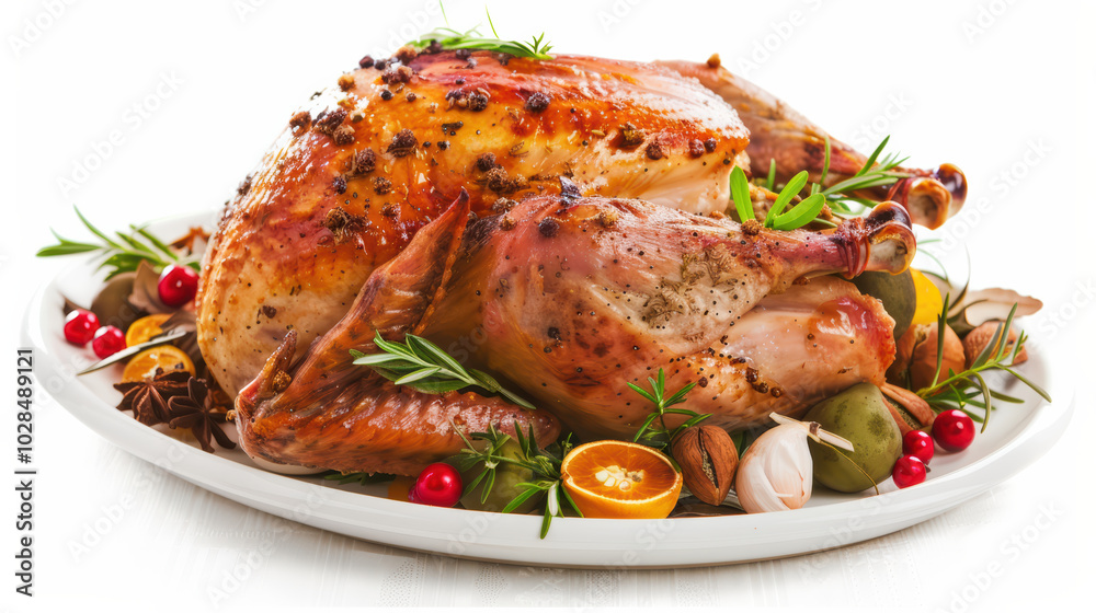 Delicious roasted turkey garnished with herbs and spices, served on festive platter with seasonal fruits and nuts, perfect for holiday celebrations Delicious roasted turkey garnished with herbs and spices, served on festive platter with seasonal fruits and nuts, perfect for holiday celebrations