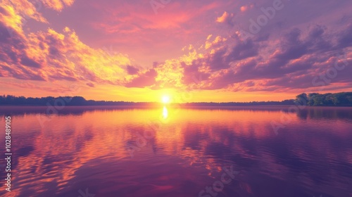 A sunset over a calm lake, with the sky painted in vibrant shades of orange, pink, and purple, reflecting perfectly on the water