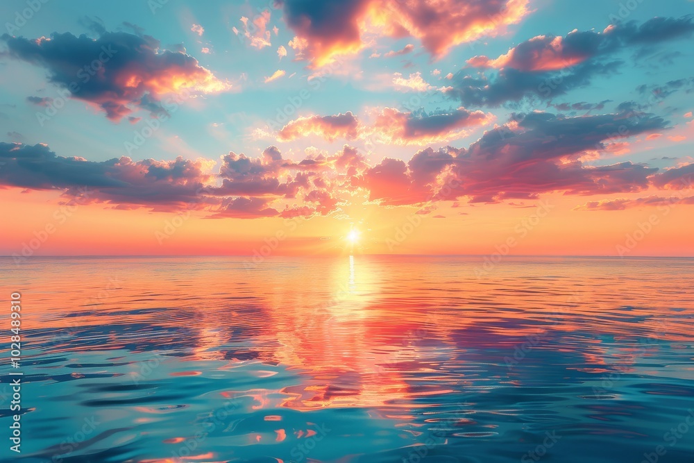 Stunning sunset over a tranquil sea with a beautiful sky, showcasing vibrant colors and sun reflections on the water surface. Stunning sunset over a tranquil sea with a beautiful sky, showcasing vibrant colors and sun reflections on the water surface.