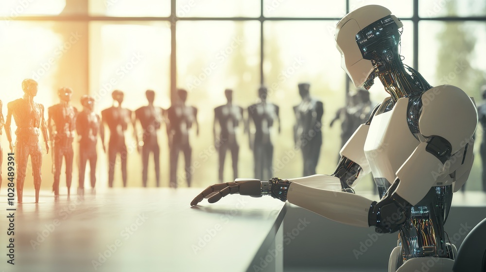 Fototapeta premium A futuristic robot in a sunlit workspace, observing other humanoid robots, showcasing advanced technology and innovation in robotics.